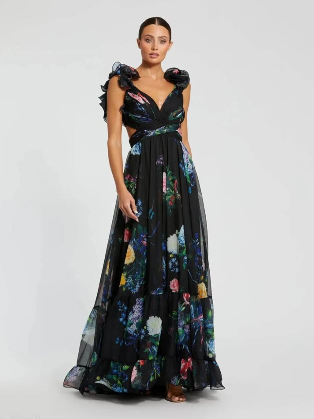 Mac Duggal Ruffle Tiered Floral Cut Out Chiffon Gown